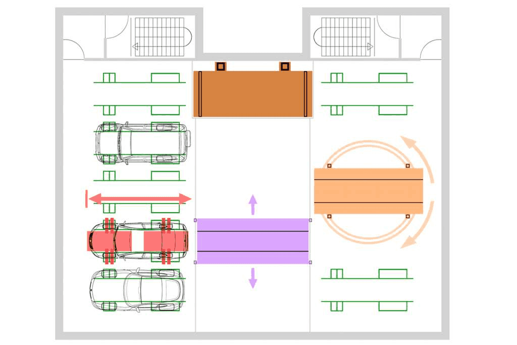 Schema tecnico dall'alto Lift Park T - Hanging Shuttle